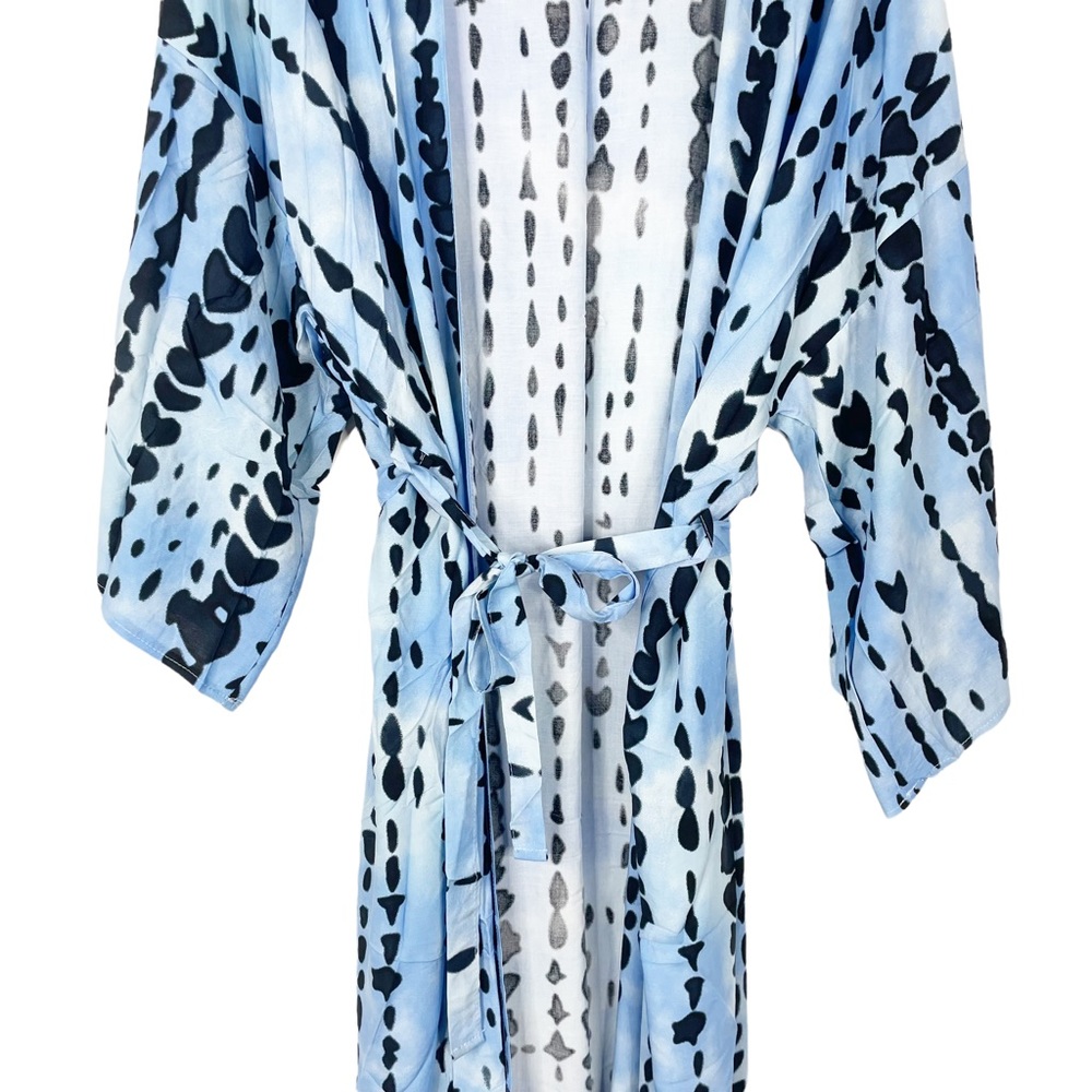 Boho Tie Dye Blue Beach Swim Coverup Maxi Duster Front Tie Flowy Ombre Pockets - Picture 7 of 12